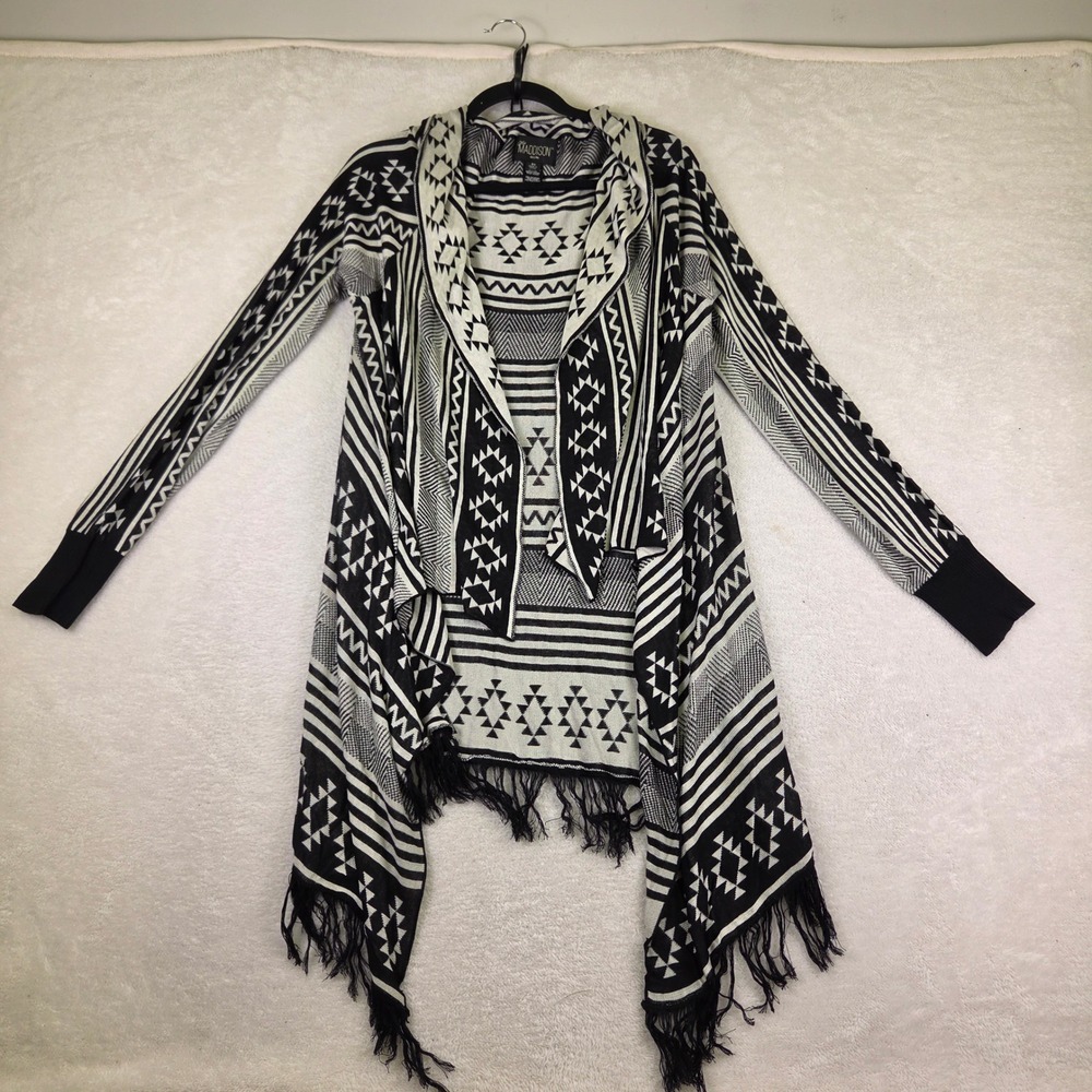 Maddison Black White Geometric Tribal Fringe Open Front Cardigan Sweater XS